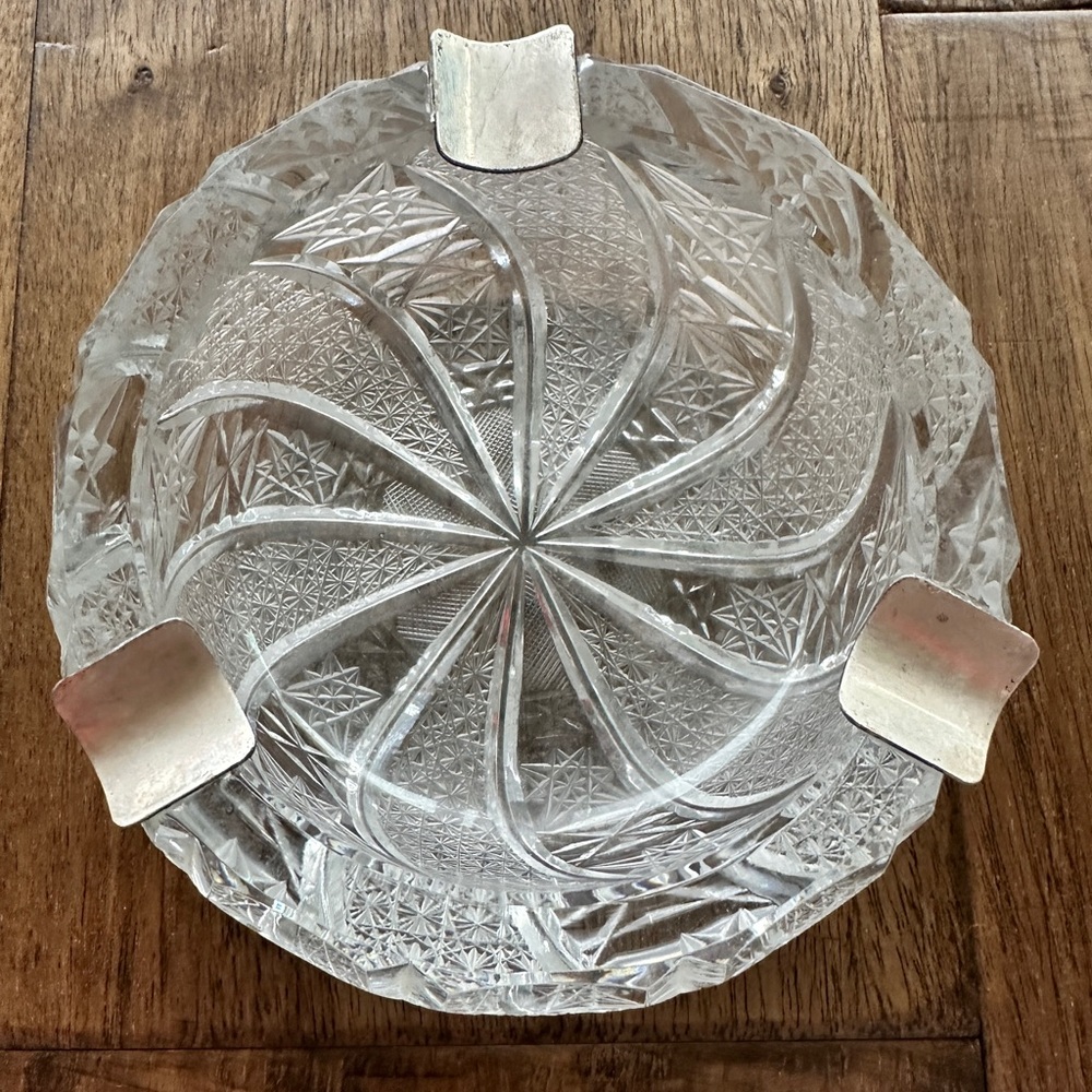 Vintage Cut Crystal & Silver Pinwheel Eastern European Ashtray 5”